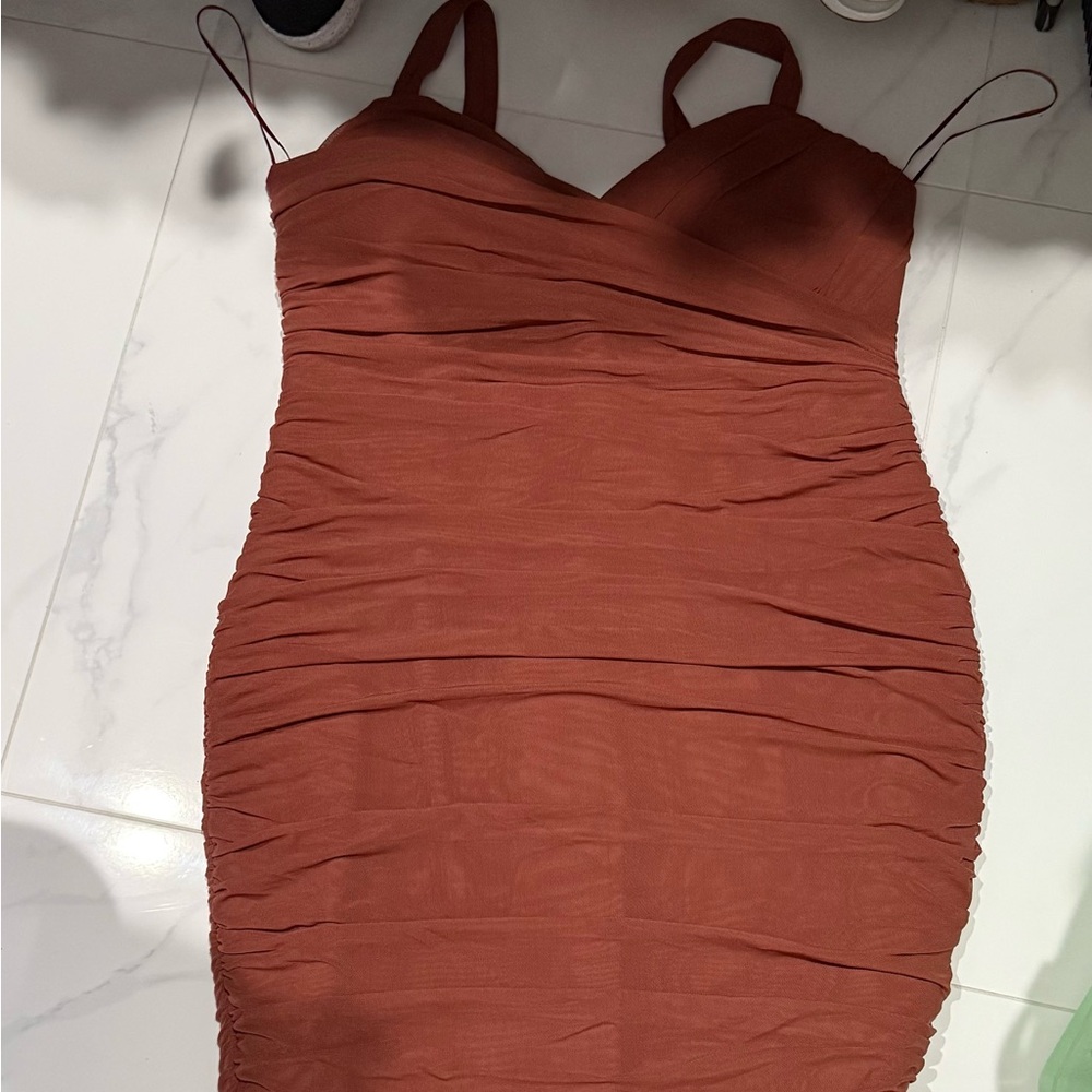 Fashion Nova Orange Strapless Ruched Bodycon Dress